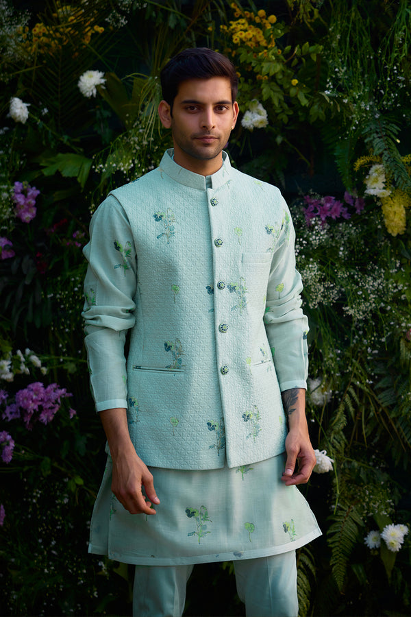 Aqua Blue Kurta & Waistcoat Set