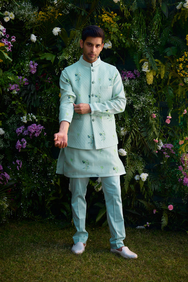 Aqua Blue Kurta & Waistcoat Set