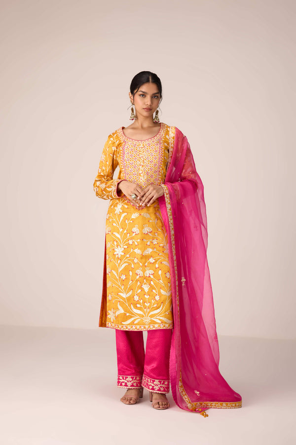 Mustard yellow gota thread embroidered kurta pants set