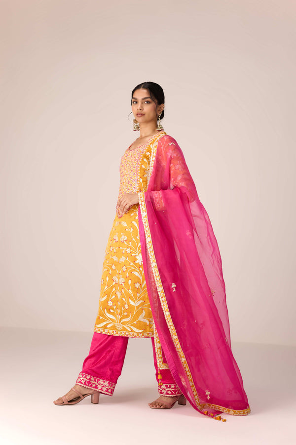 Mustard yellow gota thread embroidered kurta pants set