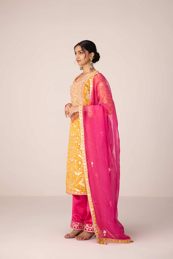 Mustard yellow gota thread embroidered kurta pants set