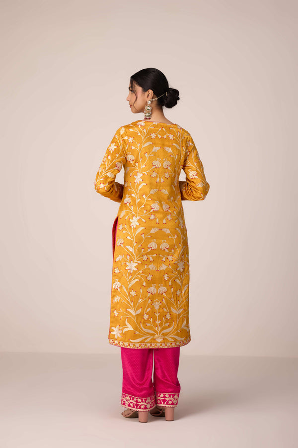 Mustard yellow gota thread embroidered kurta pants set