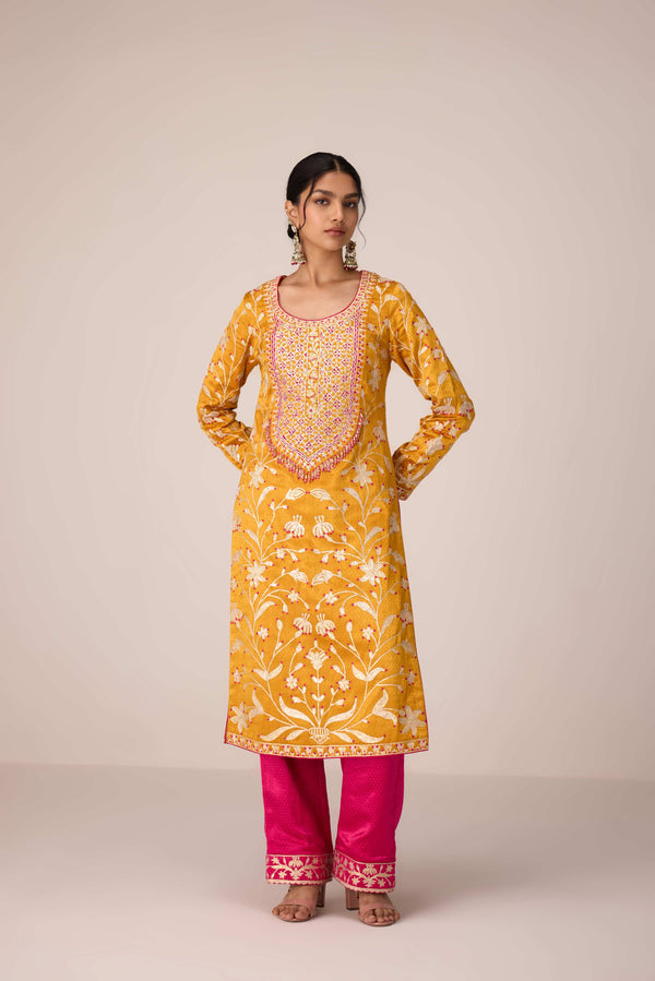 Mustard yellow gota thread embroidered kurta pants set