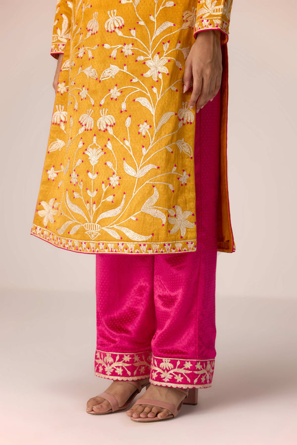 Mustard yellow gota thread embroidered kurta pants set