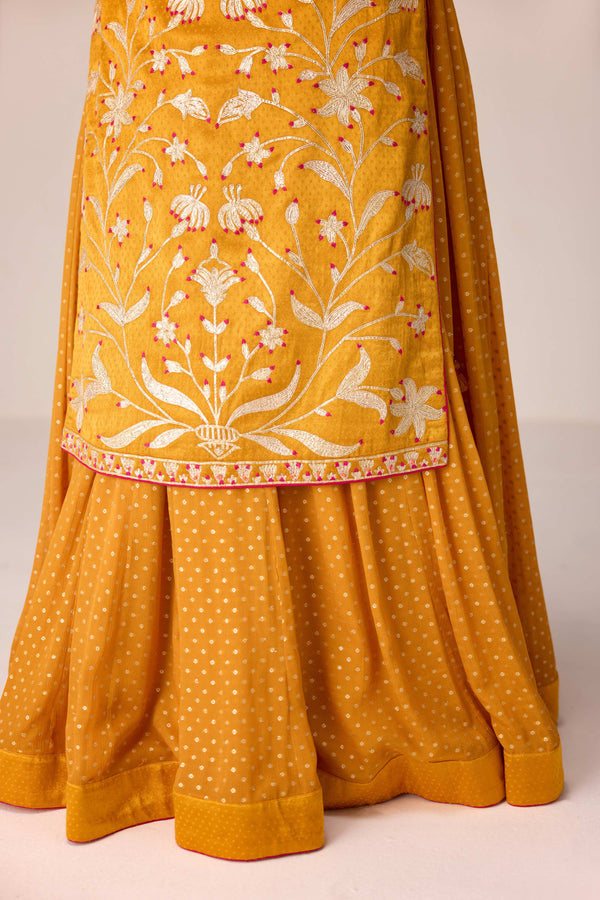 Mustard yellow gota thread embroidered kurta skirt set