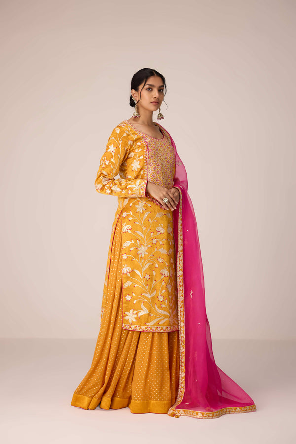 Mustard yellow gota thread embroidered kurta skirt set