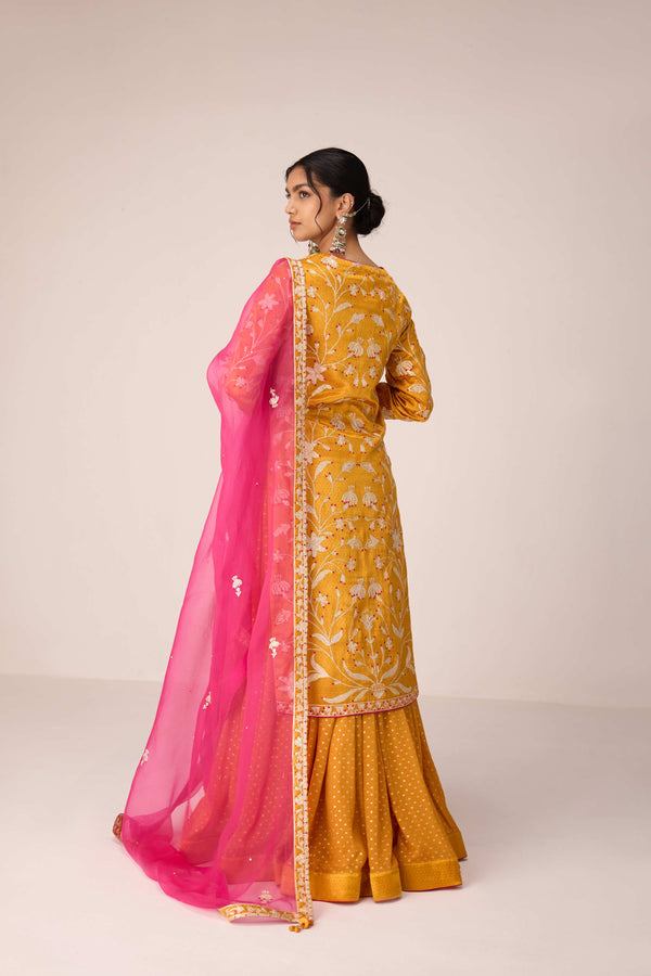 Mustard yellow gota thread embroidered kurta skirt set