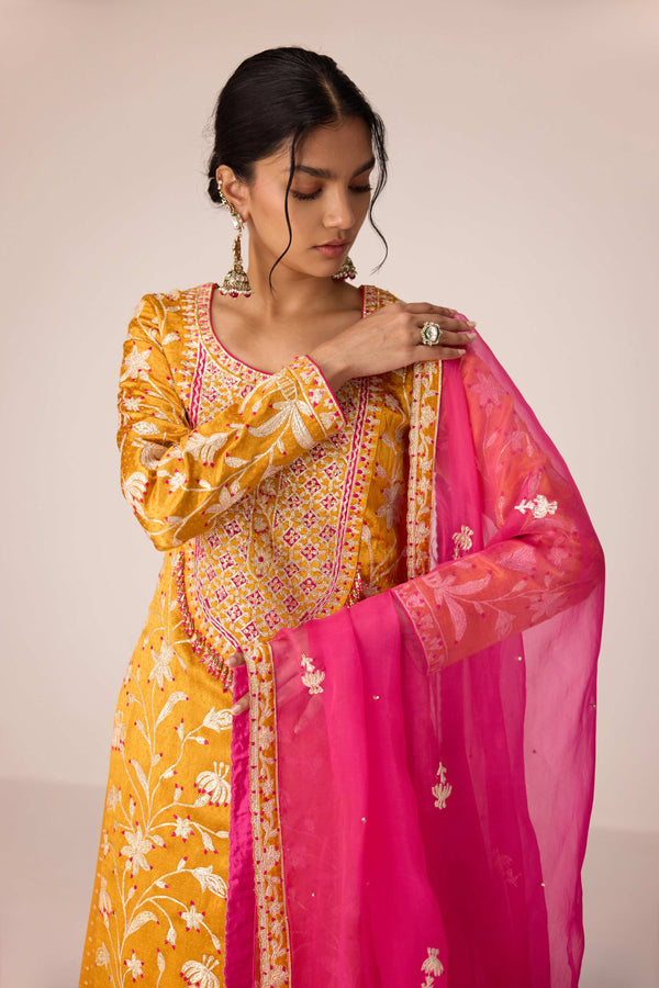 Mustard yellow gota thread embroidered kurta skirt set