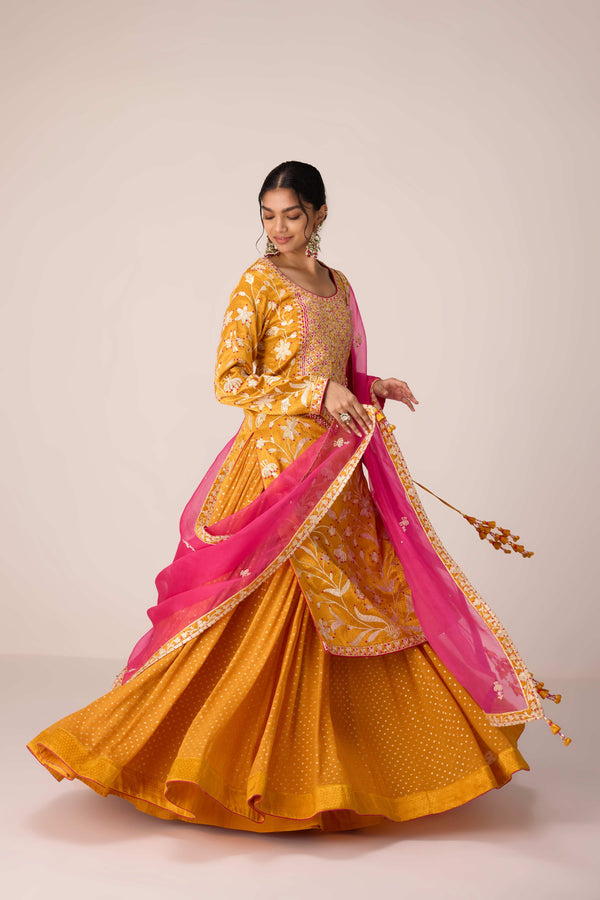 Mustard yellow gota thread embroidered kurta skirt set