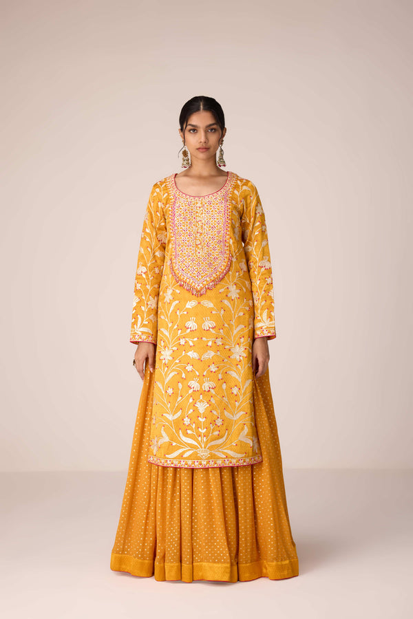 Mustard yellow gota thread embroidered kurta skirt set