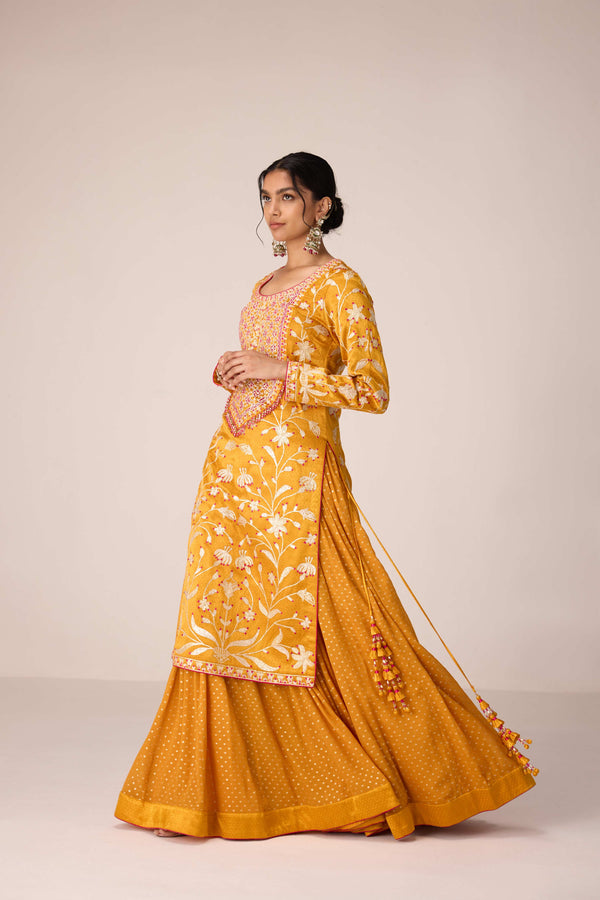 Mustard yellow gota thread embroidered kurta skirt set