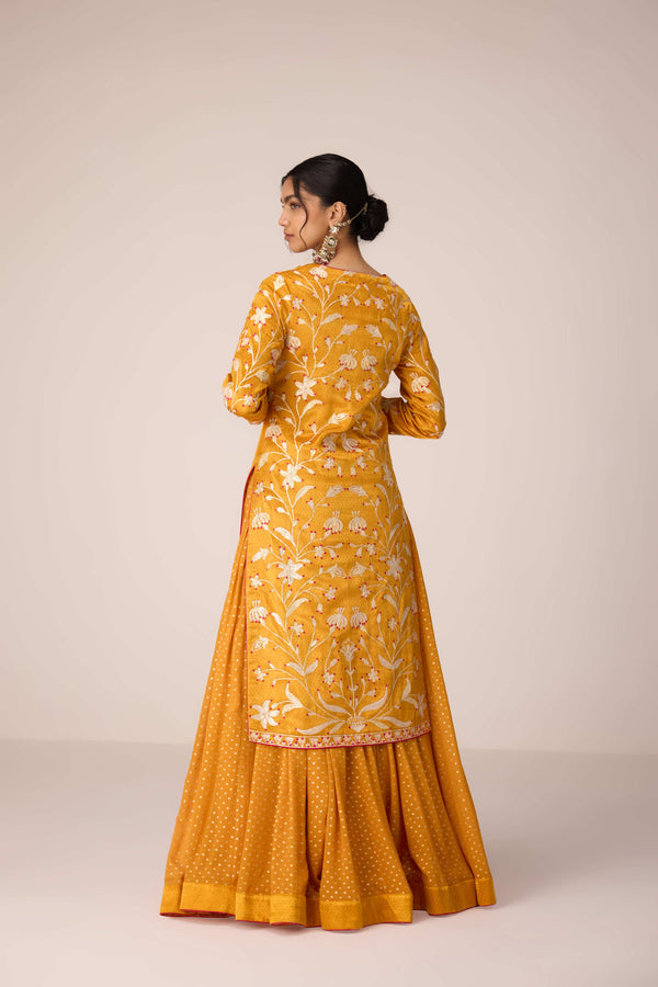 Mustard yellow gota thread embroidered kurta skirt set