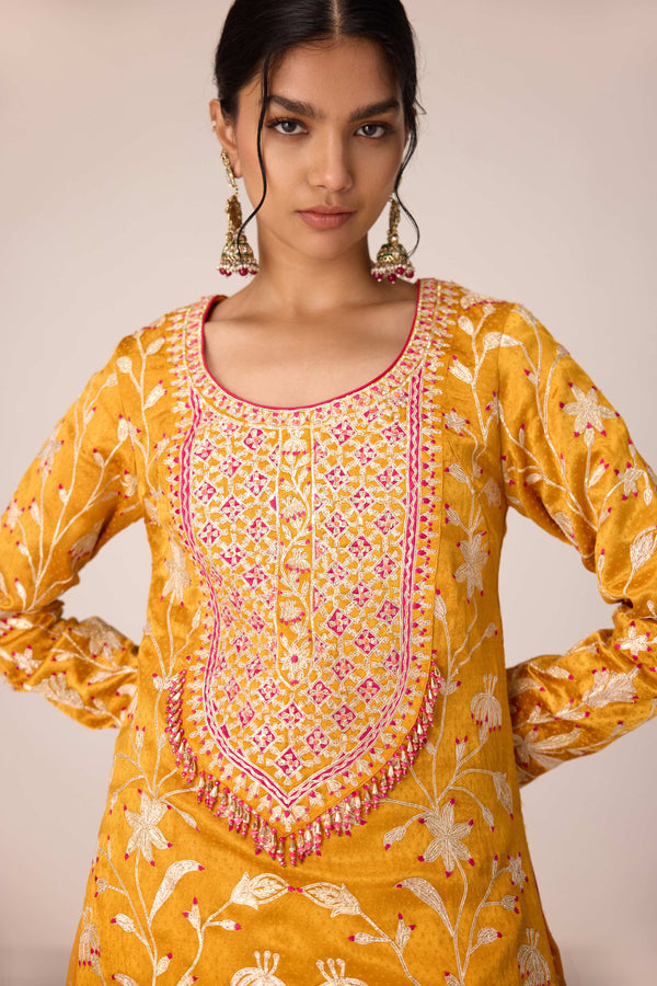 Mustard yellow gota thread embroidered kurta skirt set