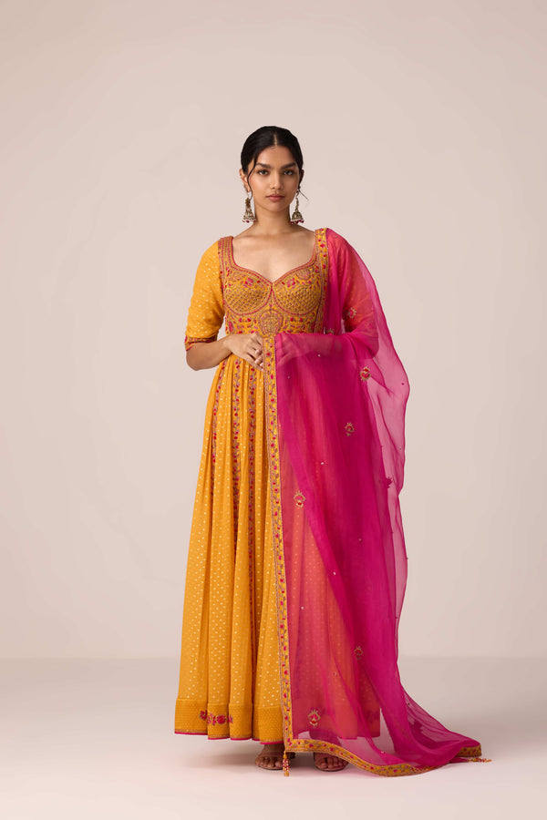Mustard yellow dori embroidered anarkali set