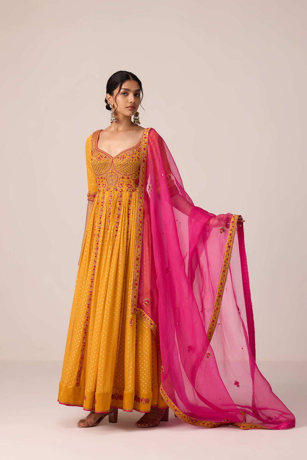 Mustard yellow dori embroidered anarkali set