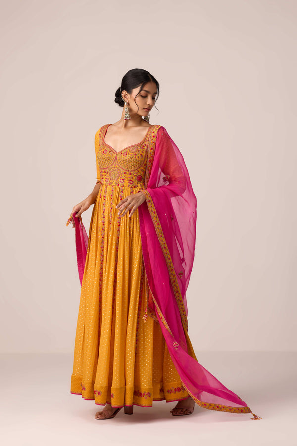 Mustard yellow dori embroidered anarkali set