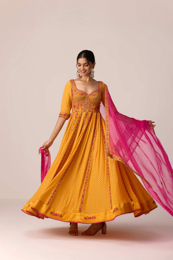 Mustard yellow dori embroidered anarkali set