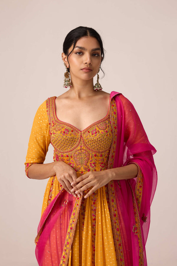 Mustard yellow dori embroidered anarkali set