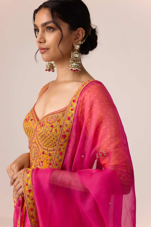 Mustard yellow dori embroidered anarkali set