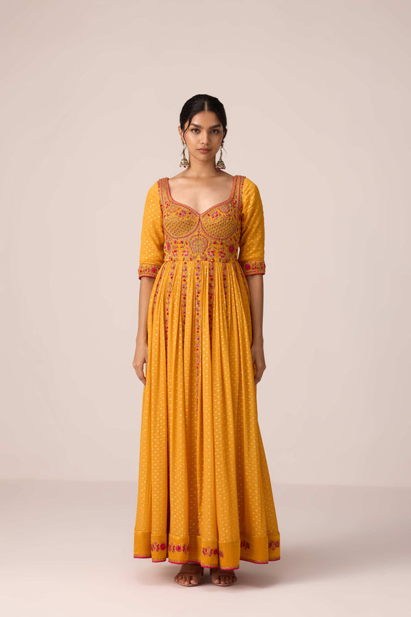 Mustard yellow dori embroidered anarkali set