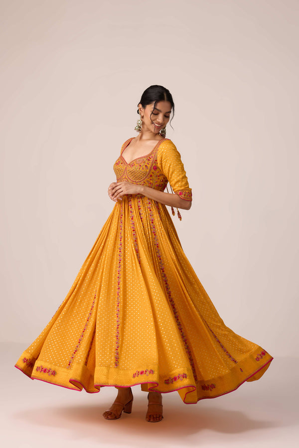 Mustard yellow dori embroidered anarkali set