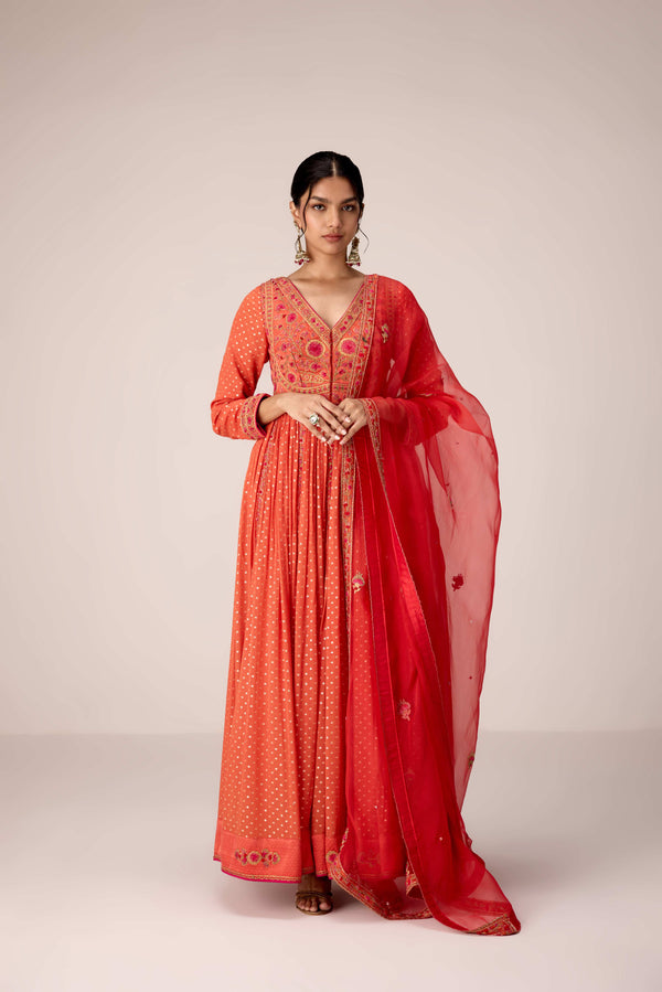Rust orange dori embroidered anarkali set