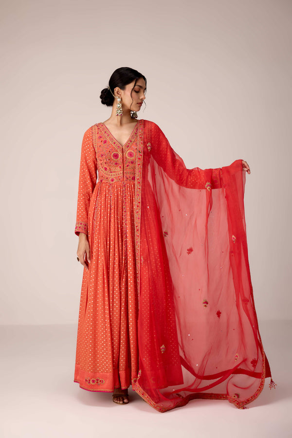 Rust orange dori embroidered anarkali set