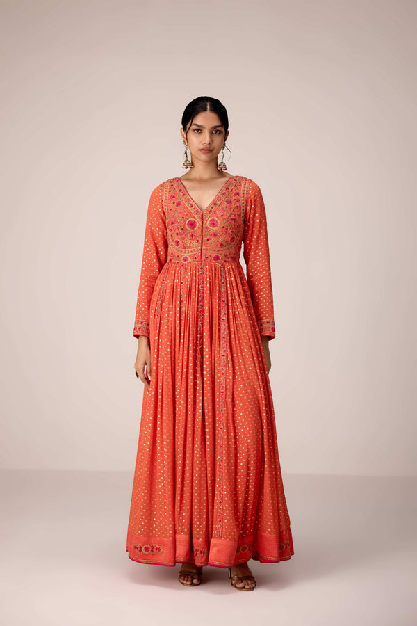 Rust orange dori embroidered anarkali set