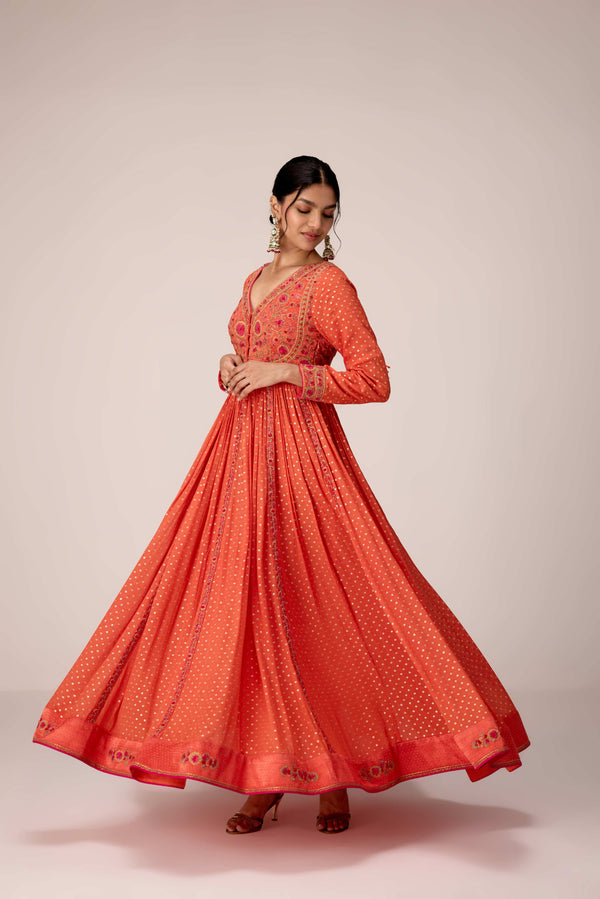 Rust orange dori embroidered anarkali set