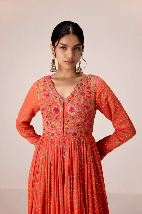 Rust orange dori embroidered anarkali set