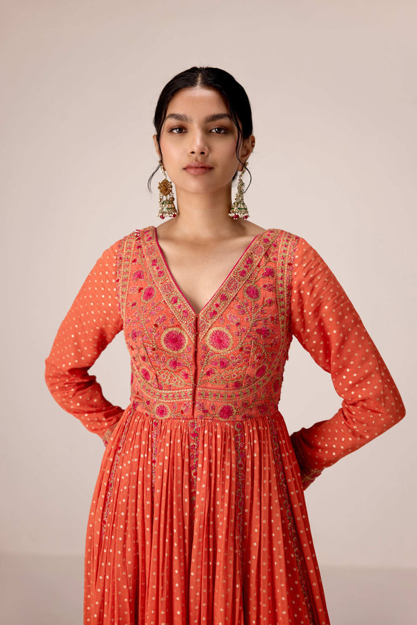 Rust orange dori embroidered anarkali set