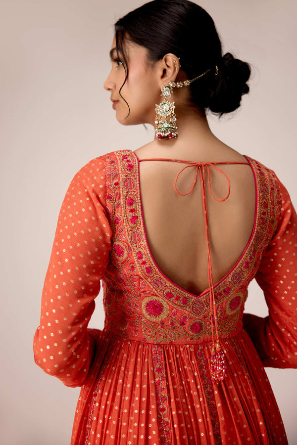 Rust orange dori embroidered anarkali set