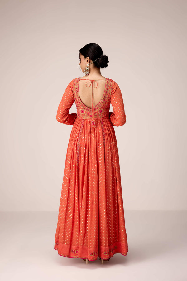 Rust orange dori embroidered anarkali set