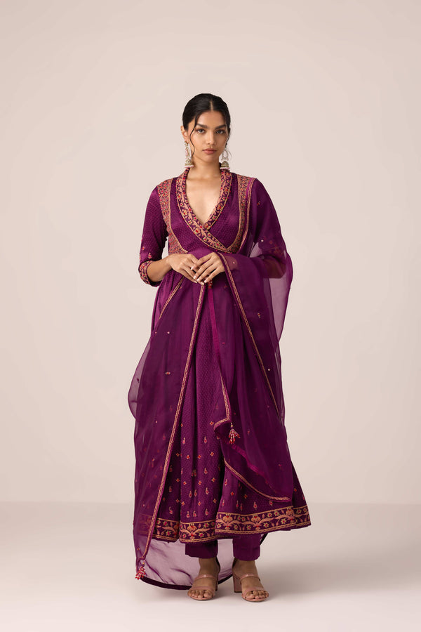Purple wine dori embroidered angrakha pants set