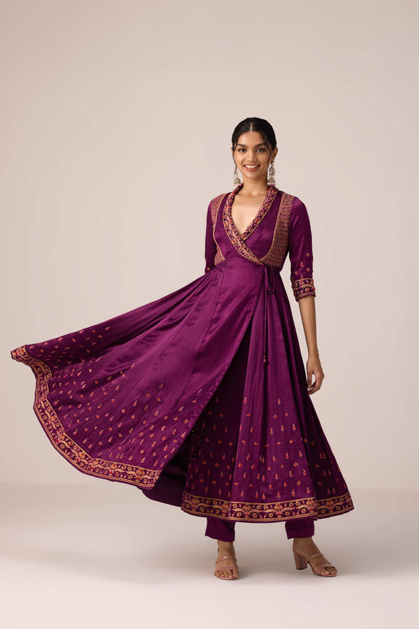 Purple wine dori embroidered angrakha pants set