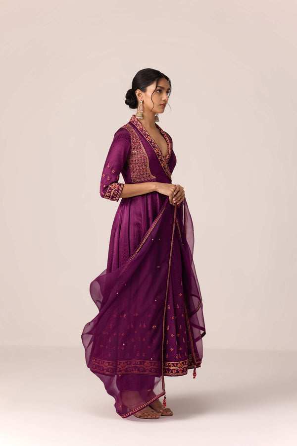 Purple wine dori embroidered angrakha pants set