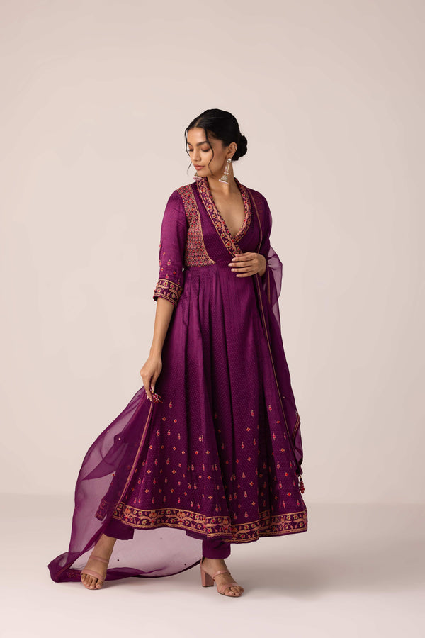 Purple wine dori embroidered angrakha pants set