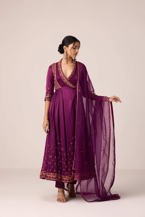 Purple wine dori embroidered angrakha pants set