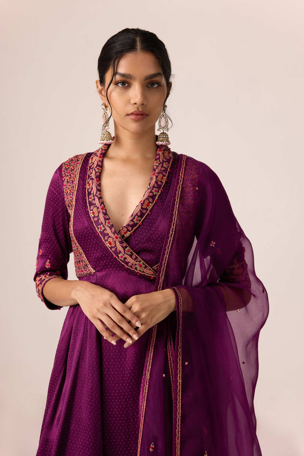 Purple wine dori embroidered angrakha pants set
