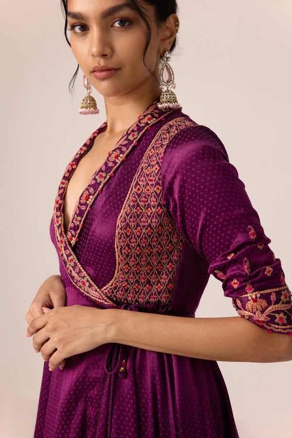 Purple wine dori embroidered angrakha pants set