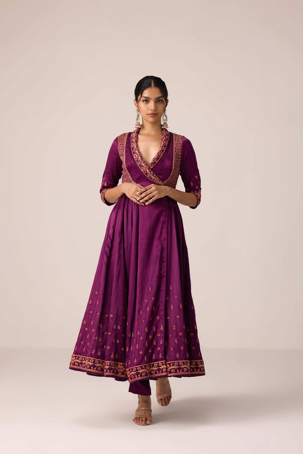 Purple wine dori embroidered angrakha pants set