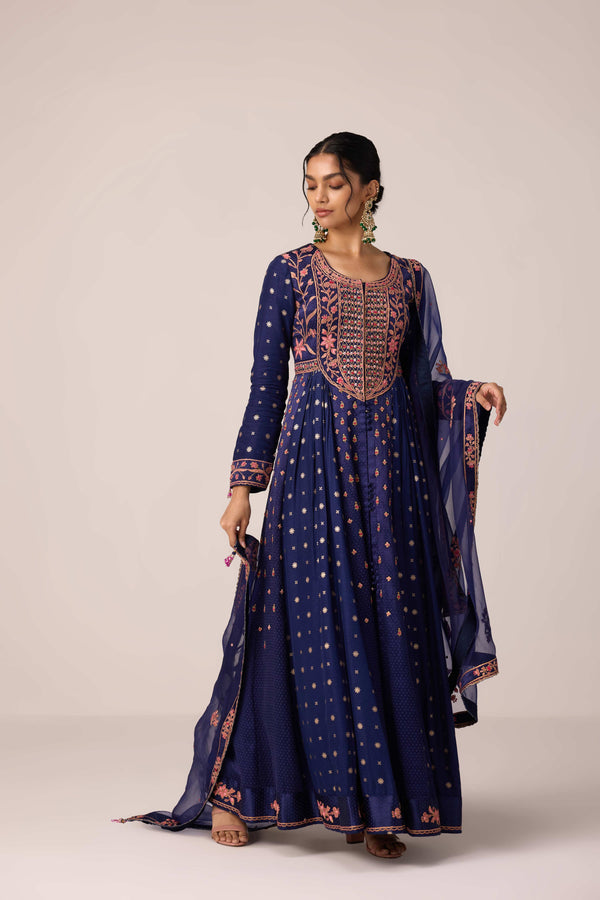 Navy blue dori embroidered anarkali set