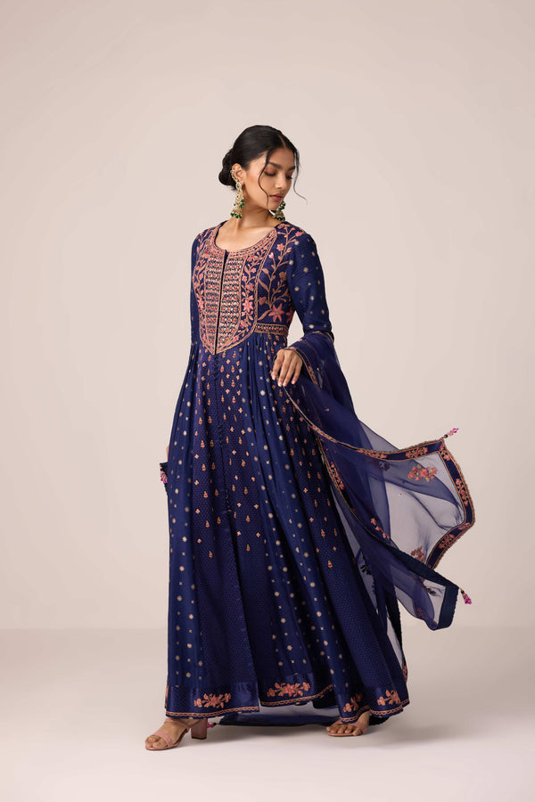 Navy blue dori embroidered anarkali set