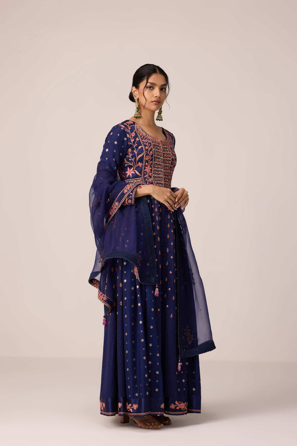 Navy blue dori embroidered anarkali set