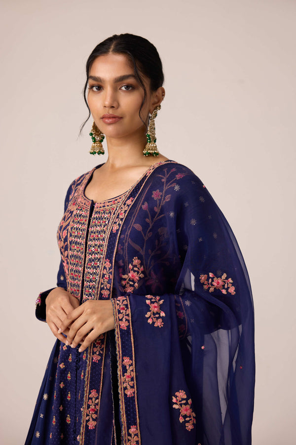 Navy blue dori embroidered anarkali set