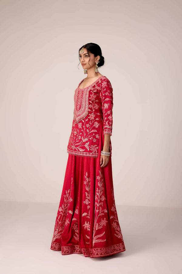 Ribbon red thread embroidered kurta sharara set