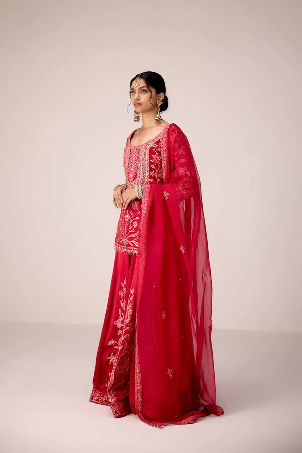 Ribbon red thread embroidered kurta sharara set