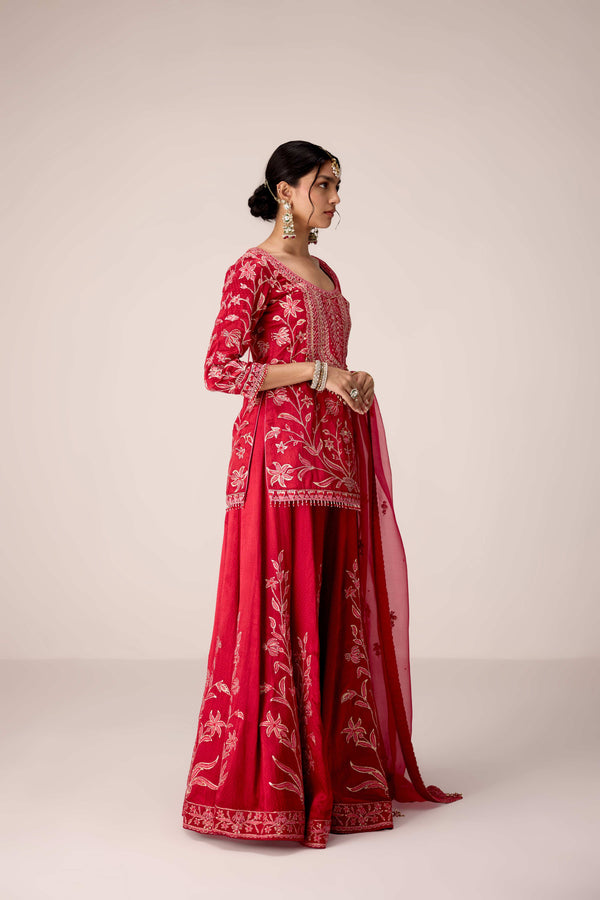 Ribbon red thread embroidered kurta sharara set
