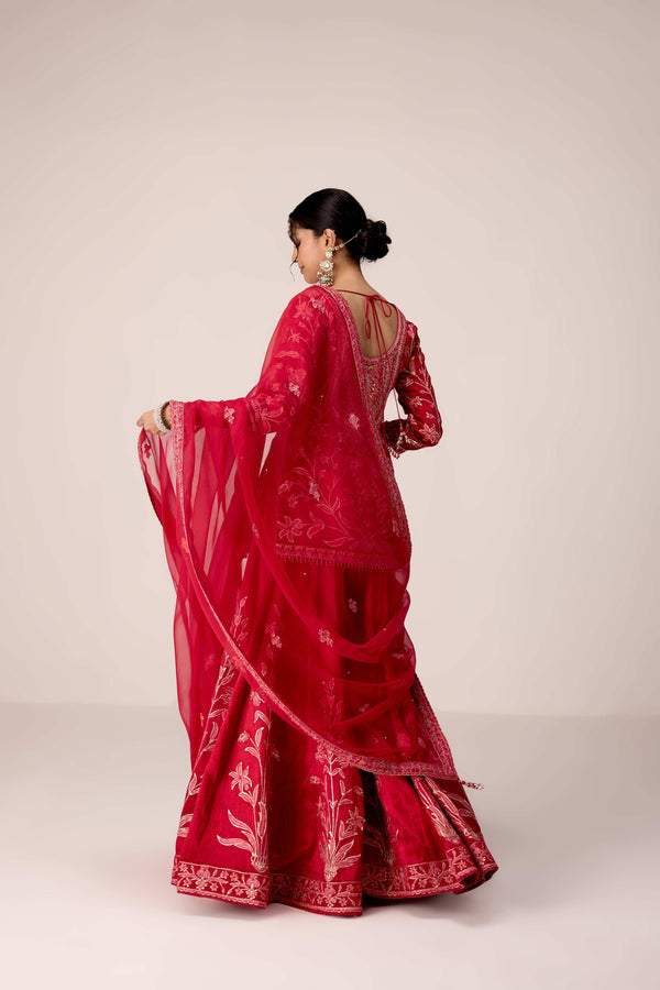 Ribbon red thread embroidered kurta sharara set