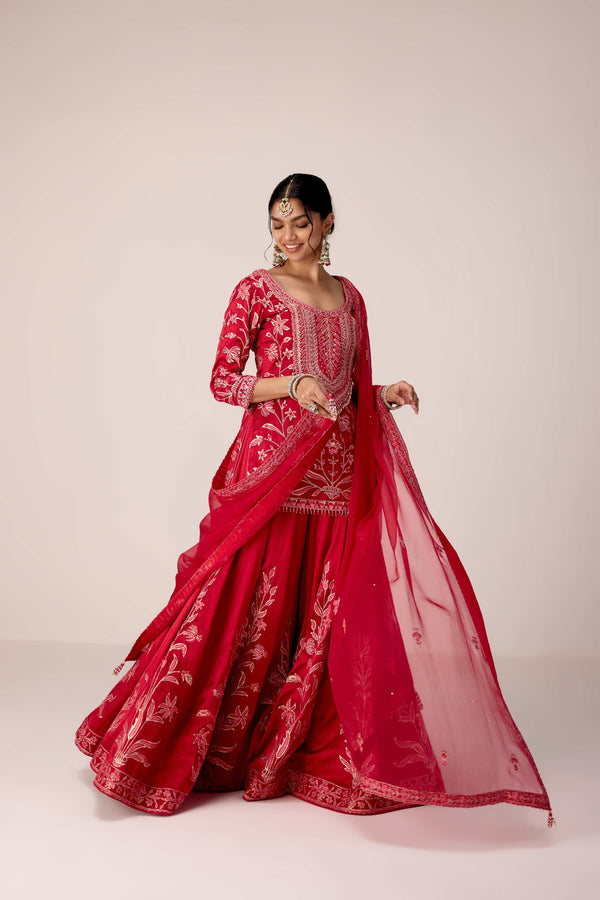 Ribbon red thread embroidered kurta sharara set